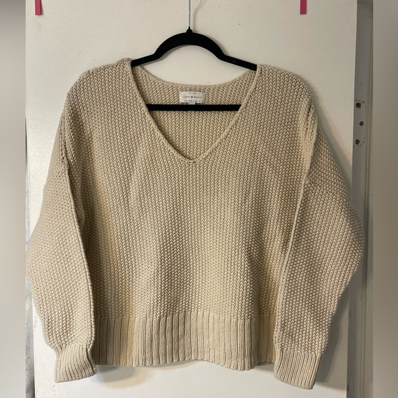 Lucky Brand Cream V-Neck Sweater with Ribbed Texture - Picture 1 of 5